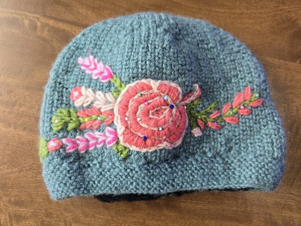 French Knot Josephine Cloche Wool Beanie Hat Turquoise Floral Embroidered Boho